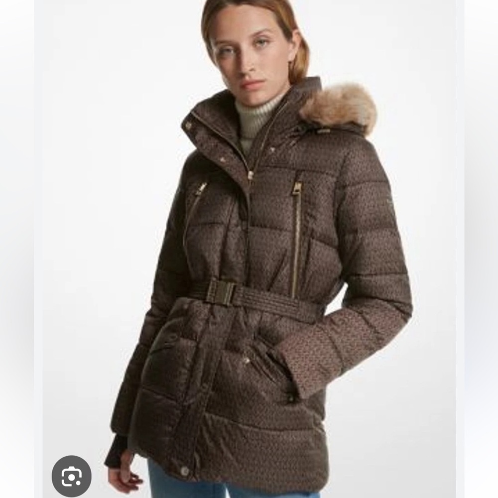 MK Faux Fur Trim Quilted Belted Puffer Jacket